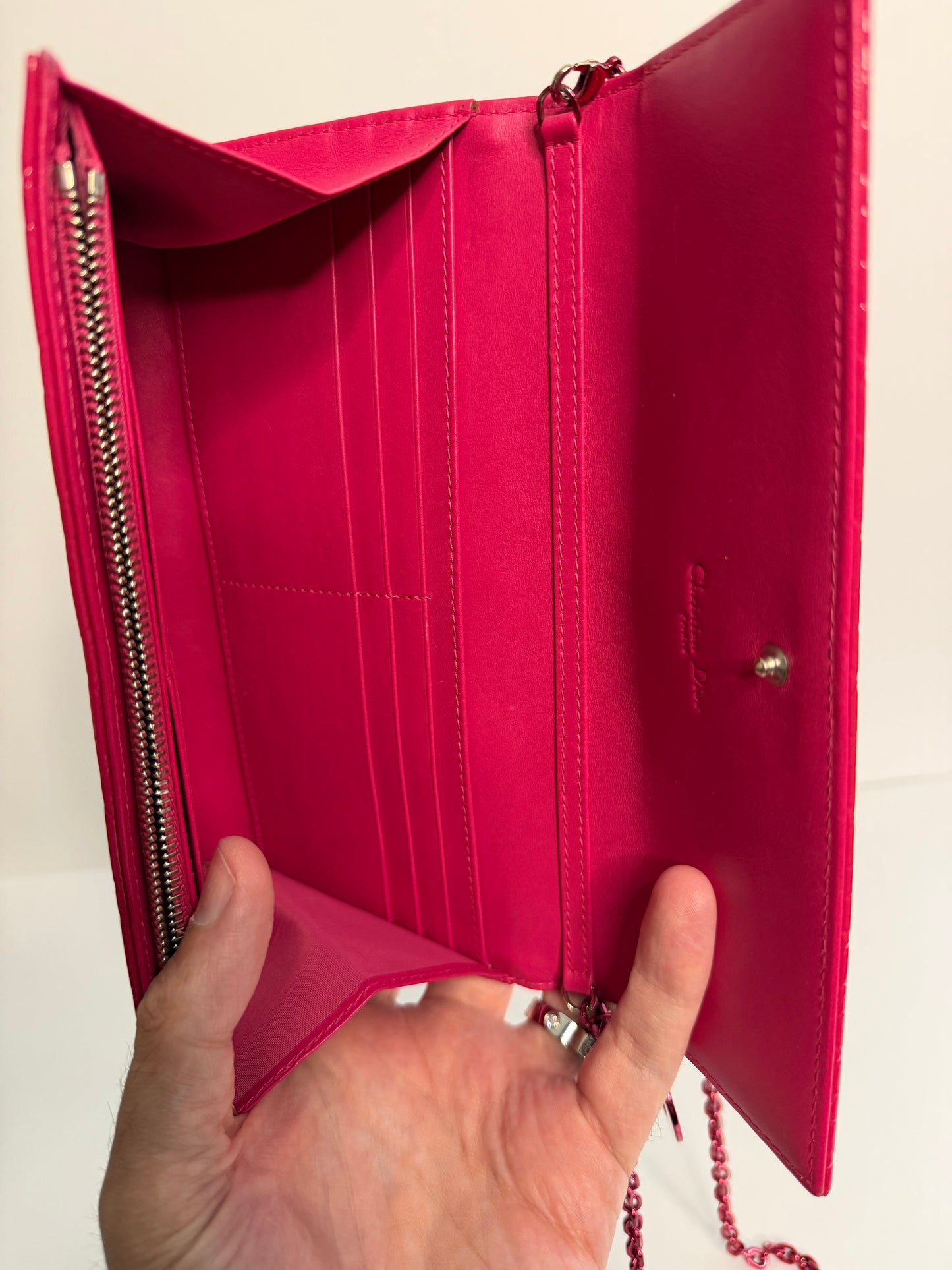 Pre-owned Dior hot pink patent leather cannage lady Dior wallet on chain