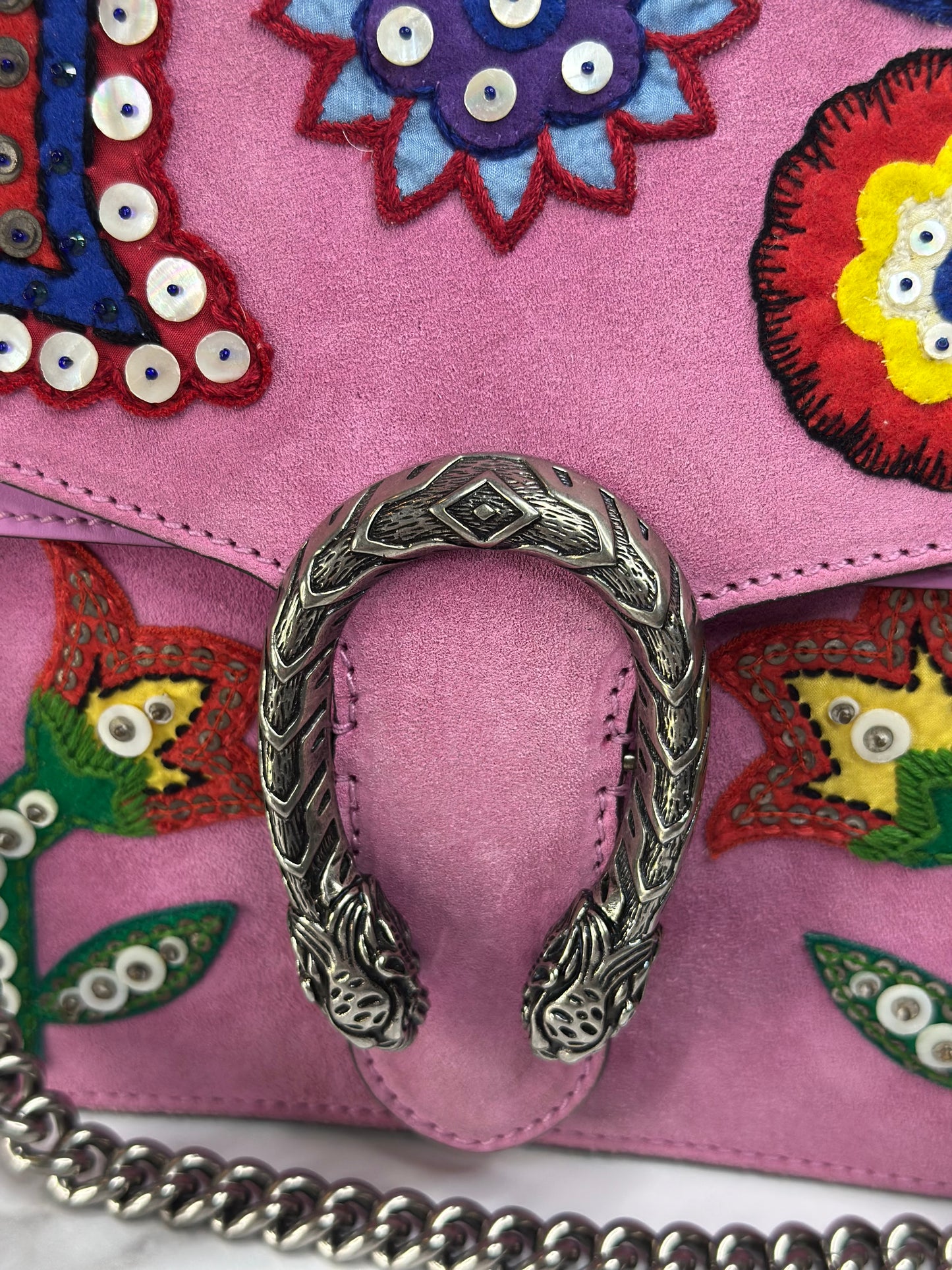 Pre-owned Gucci Dionysus Medium Shoulder Bag in pink suede featuring multicolor floral embroidery and sequin embellishments