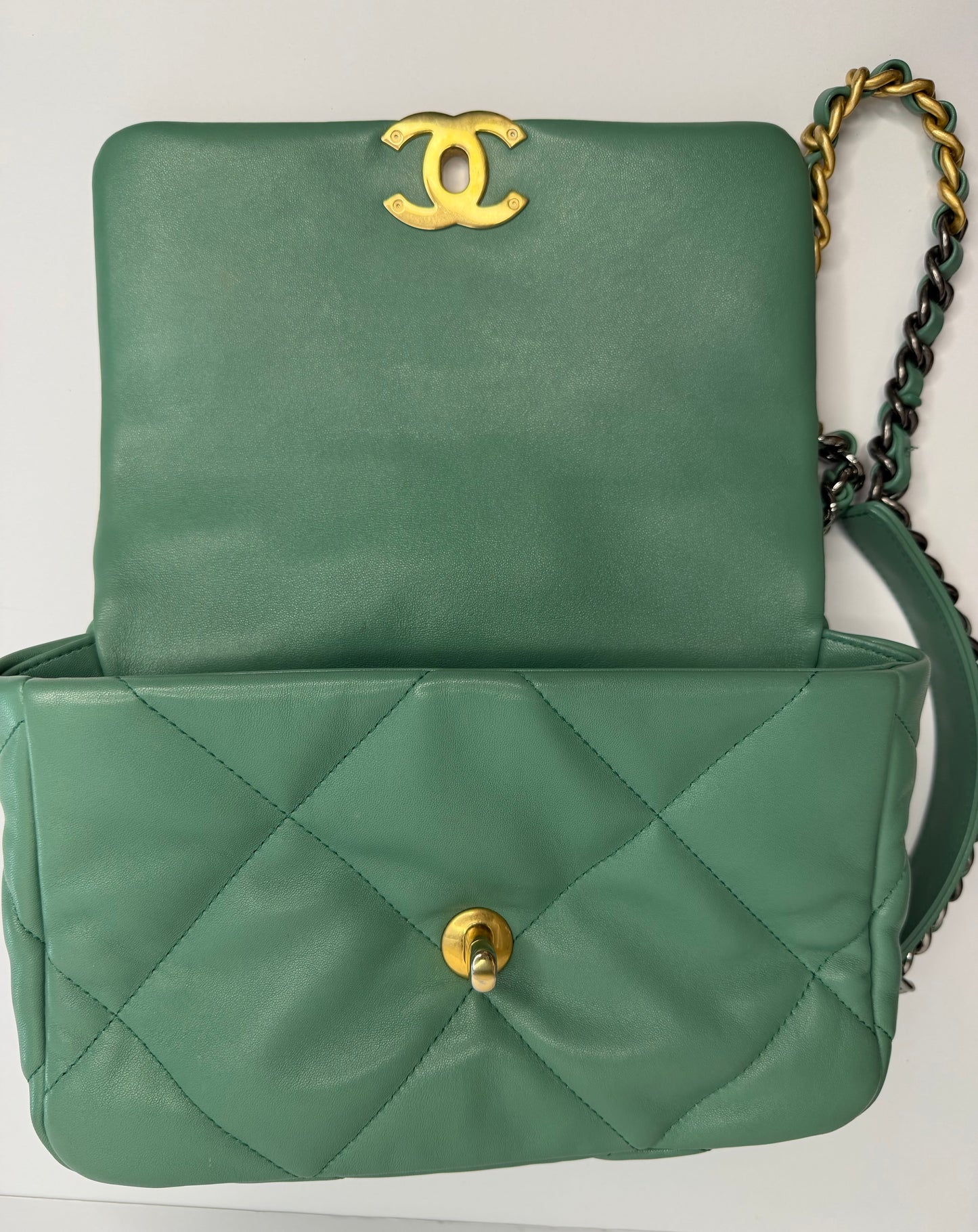 Pre-owned Chanel Lambskin Quilted Medium 19 Flap aquamarine crossbody