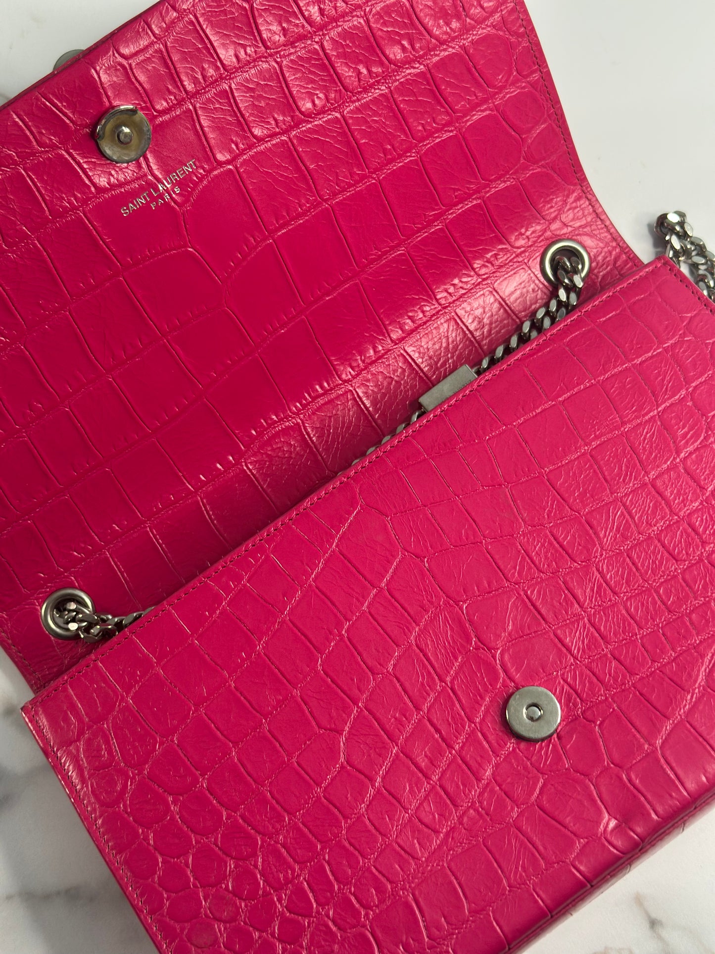 Pre-owned Saint Laurent Kate tassel crossbody bag in fuchsia croc-embossed leather