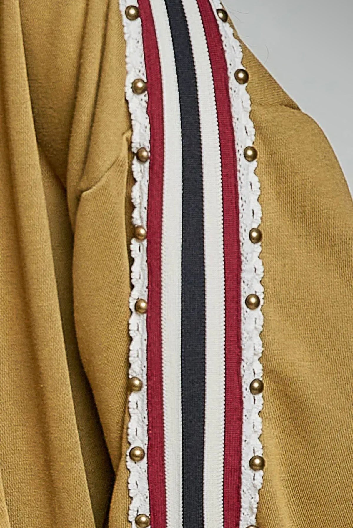 French Terry Striped Elastic Trim Stud Knit Hoodie Top