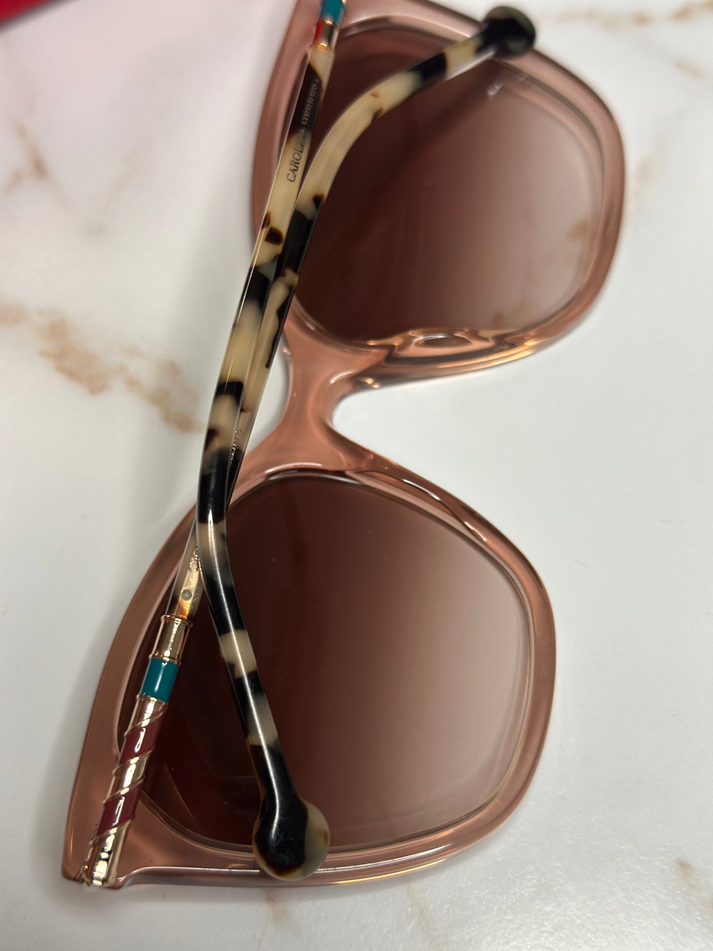 Pre-owned Carolina Herrera translucent neutral sunglasses with brown and teal enamel detail