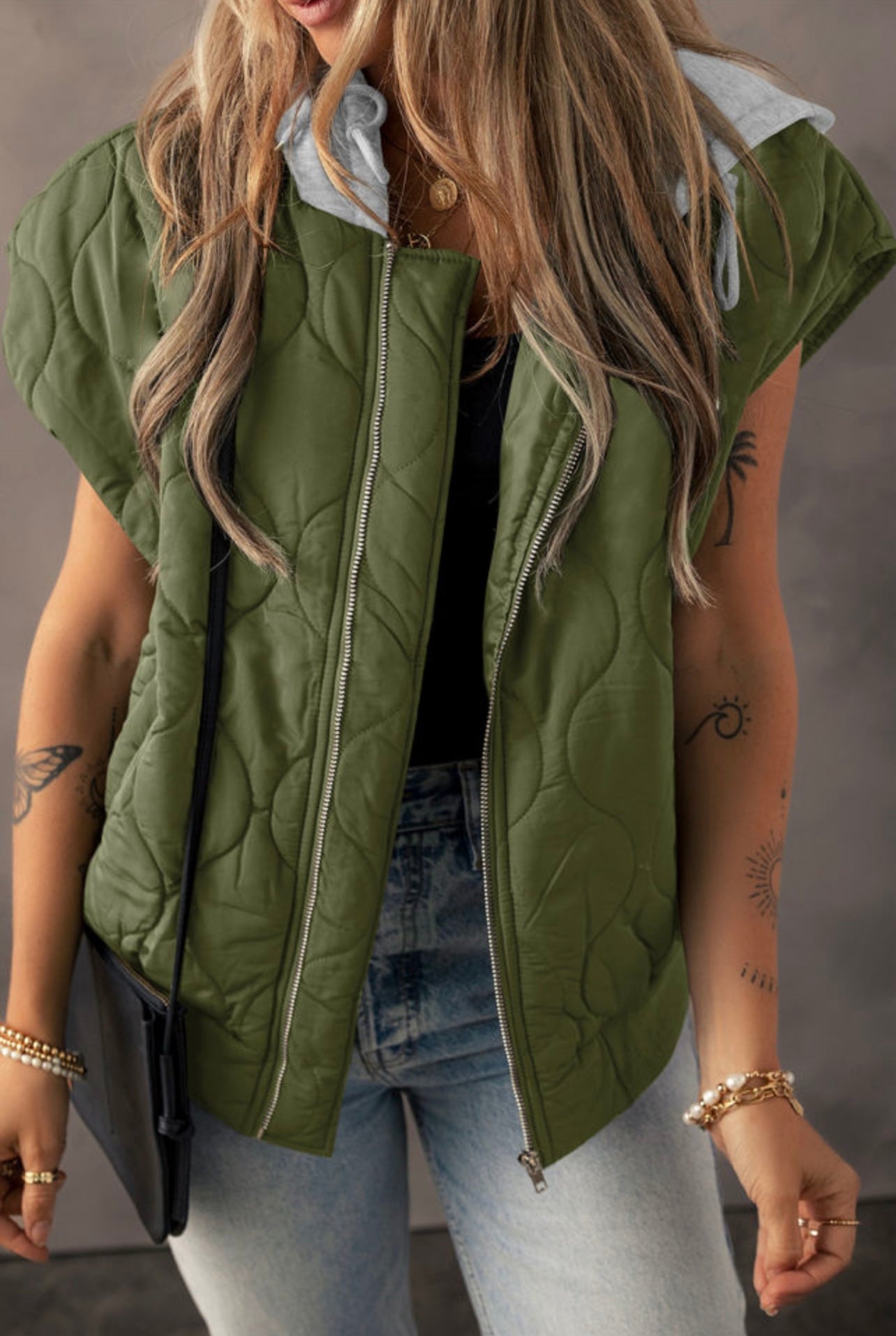Hunter Green Drawstring Hooded Puffer Vest