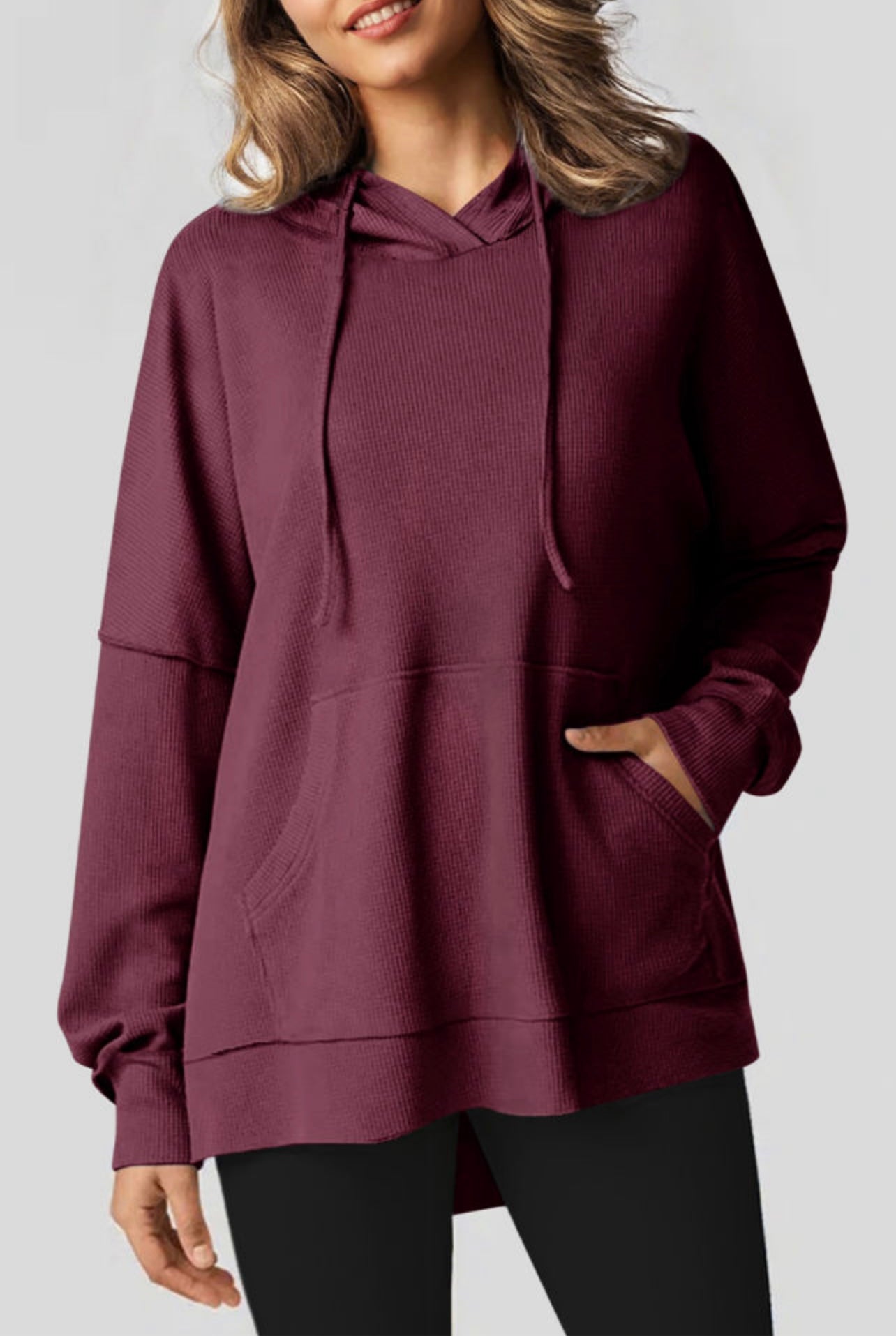 Burgundy Waffle Knit Split Side Hoodie