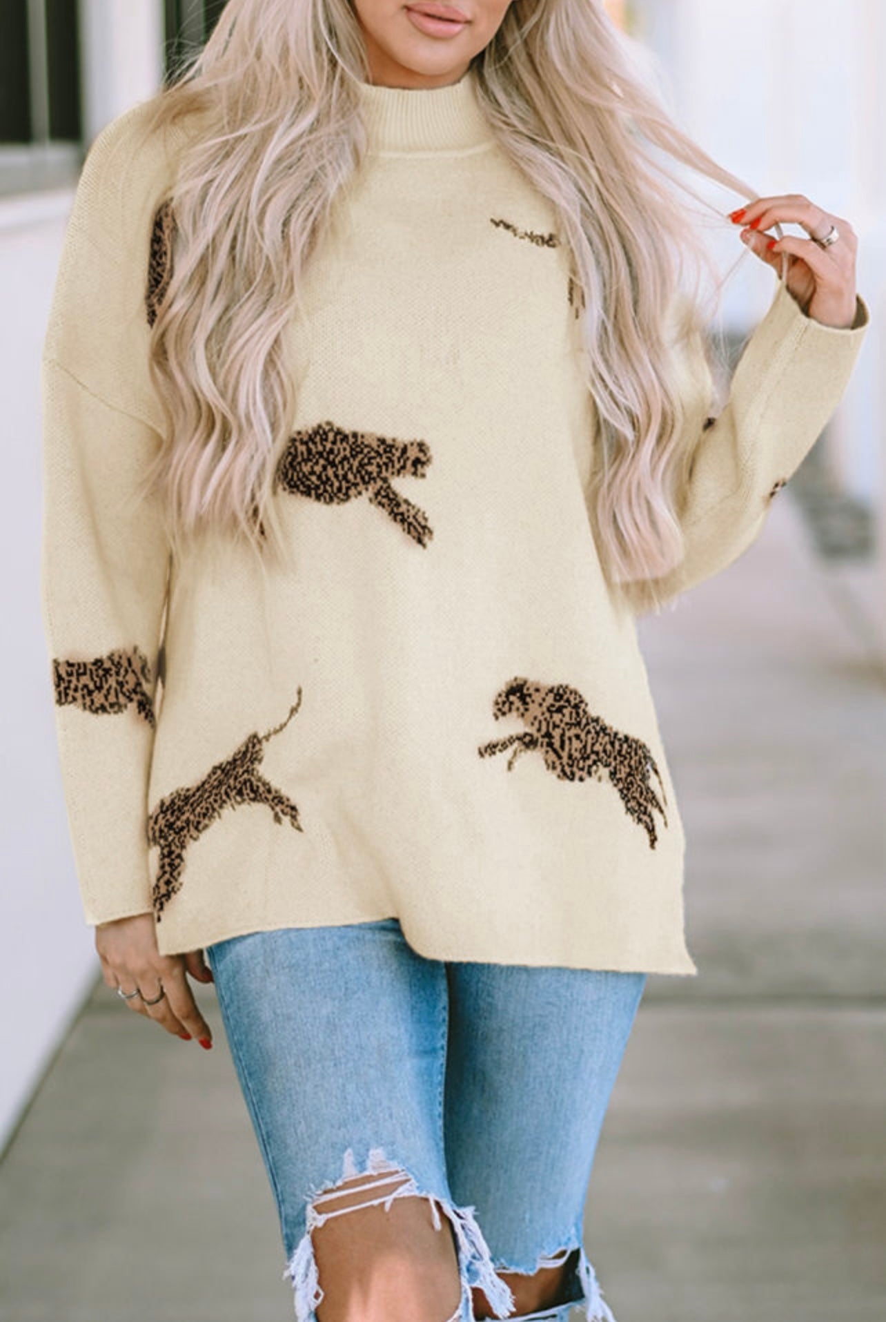 Cheetah Cream Split Side Sweater