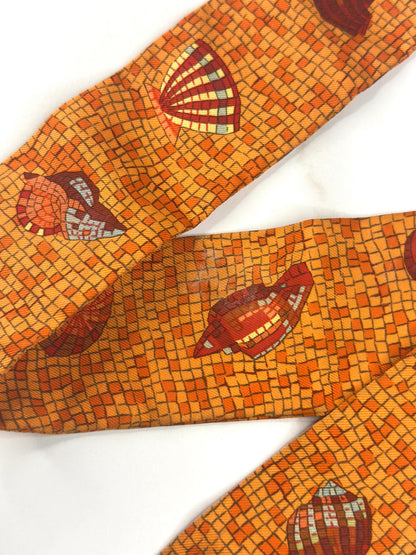 Pre-owned Hermes Silk Scarf Mosaic Seashells Twilly Orange