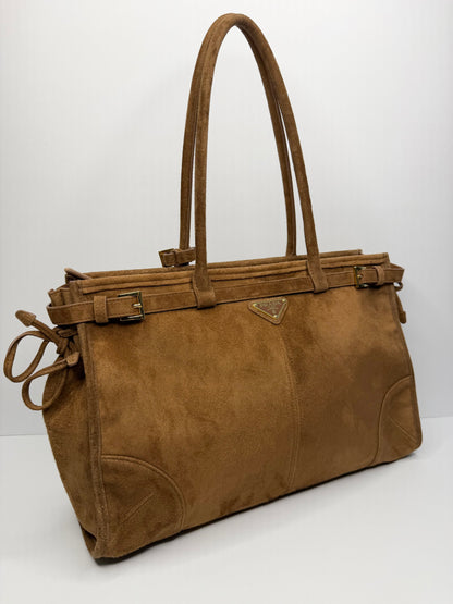 Pre-owned Prada Large Cinnamon Suede Bonnie shoulder tote