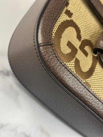 Pre-owned Gucci Horsebit 1955 Mini Shoulder Bag in beige and brown Jumbo GG canvas crossbody