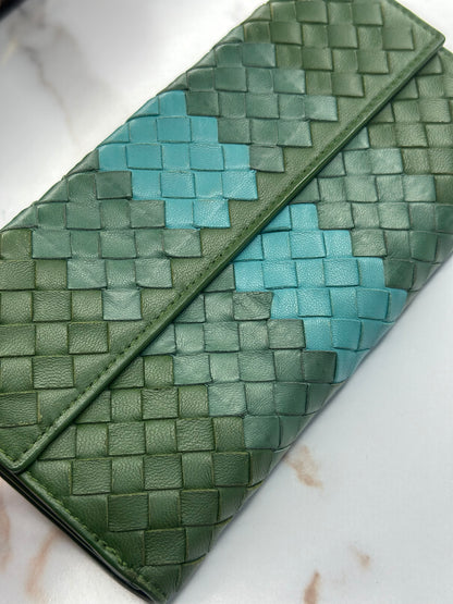 Pre-owned Bottega Veneta rare green and turquoise colorwave Intrecciato woven leather long wallet