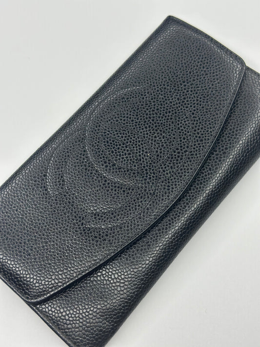 Pre-owned Chanel Coco logo, black caviar, leather Vintage long wallet