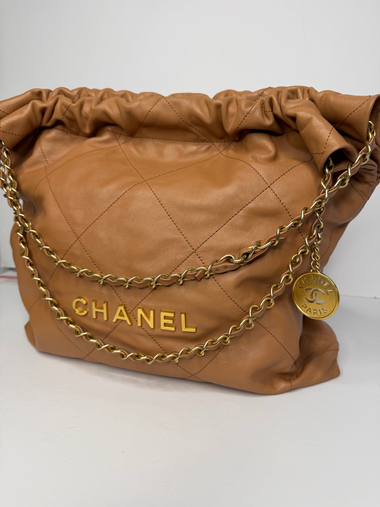Pre-owned Chanel Caramel Calfskin Quilted 22 Hobo Bag Medium Antique Gold Hardware