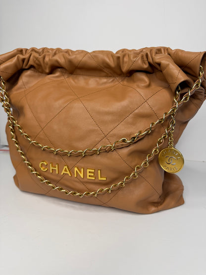 Pre-owned Chanel Caramel Calfskin Quilted 22 Hobo Bag Medium Antique Gold Hardware