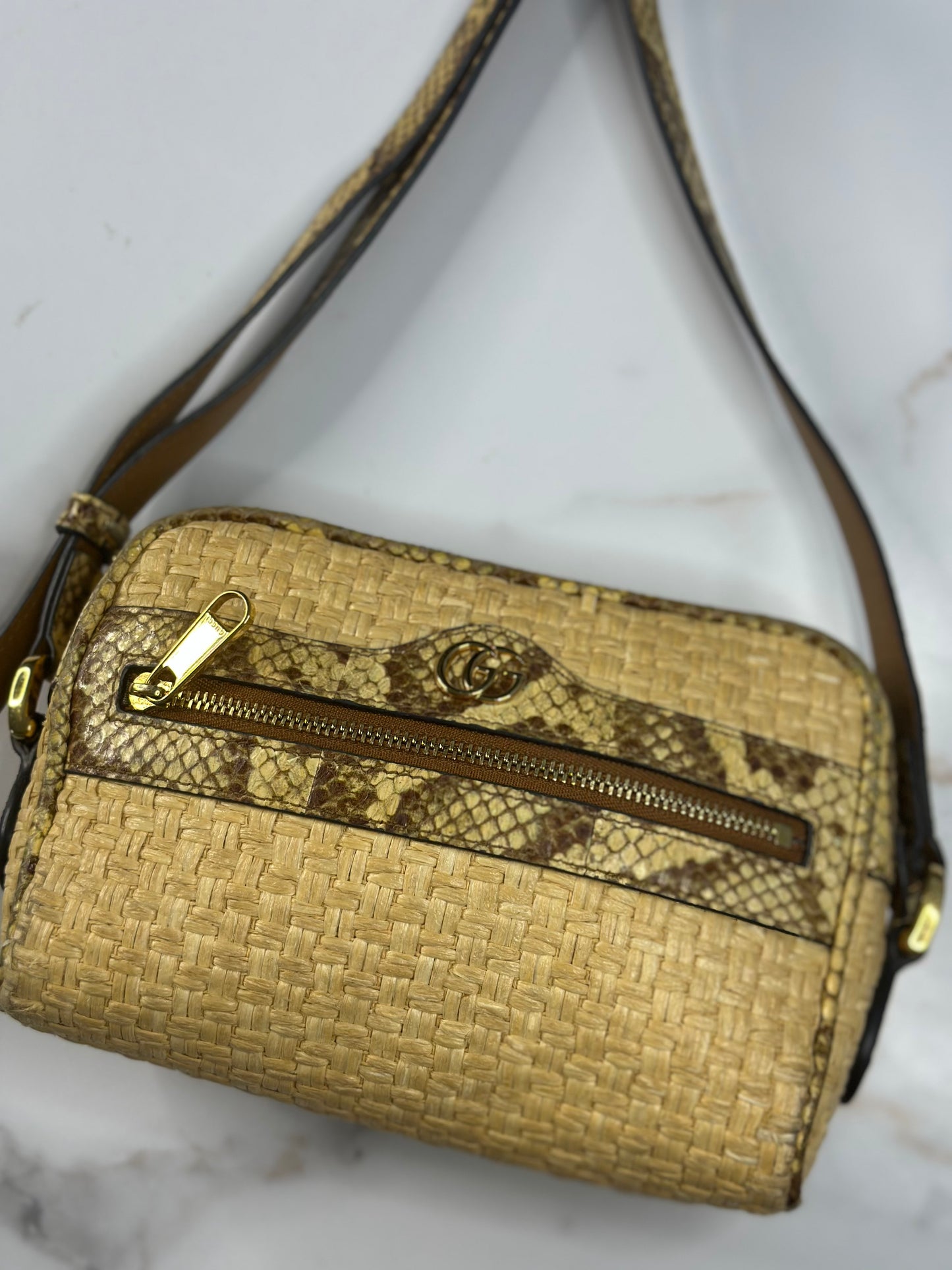 Pre-owned Gucci Raffia Elaphe Mini Ophidia Shoulder Bag Natural Cream Brown