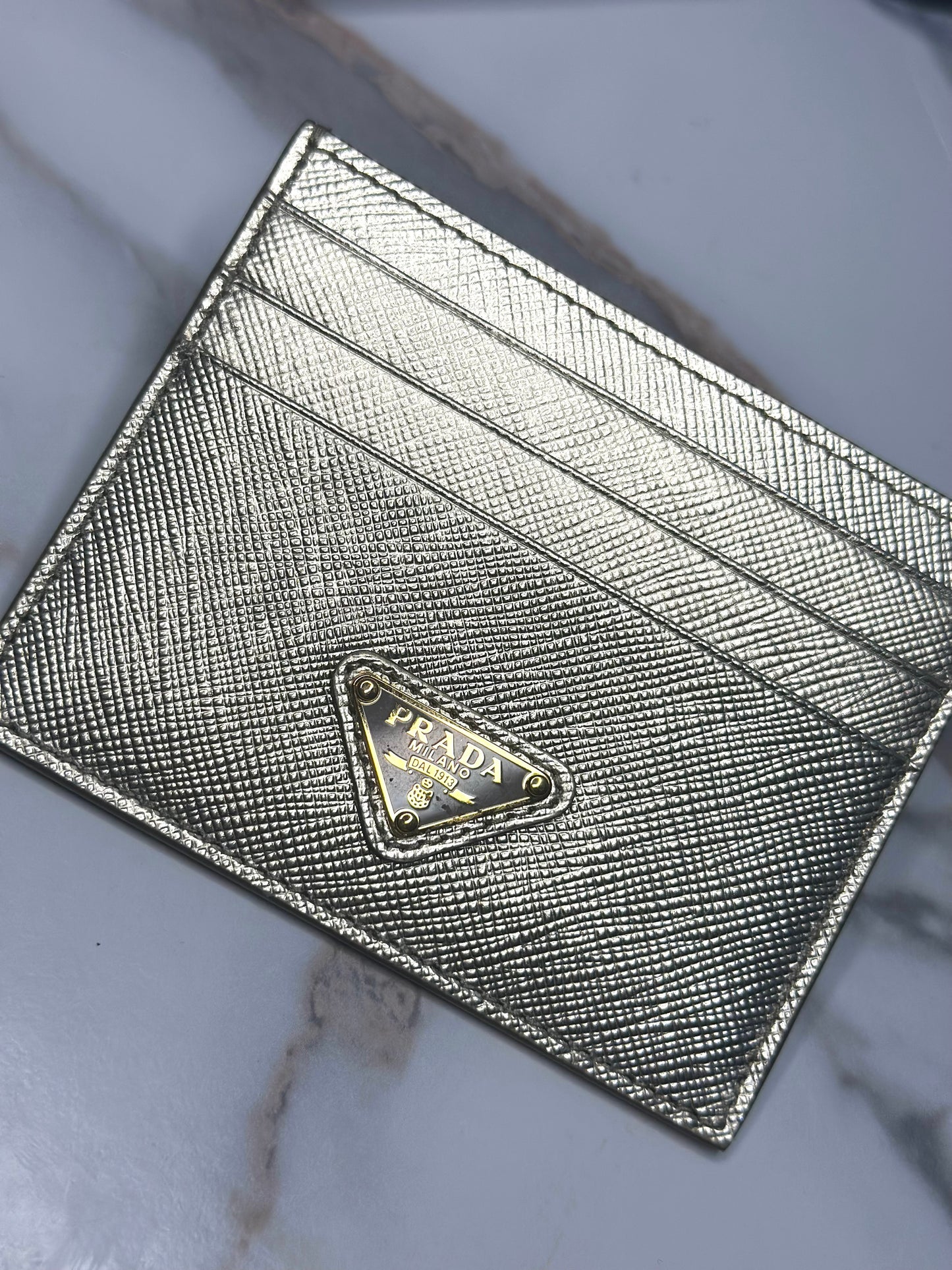 Pre-owned Prada metallic gold Saffiano leather card holder