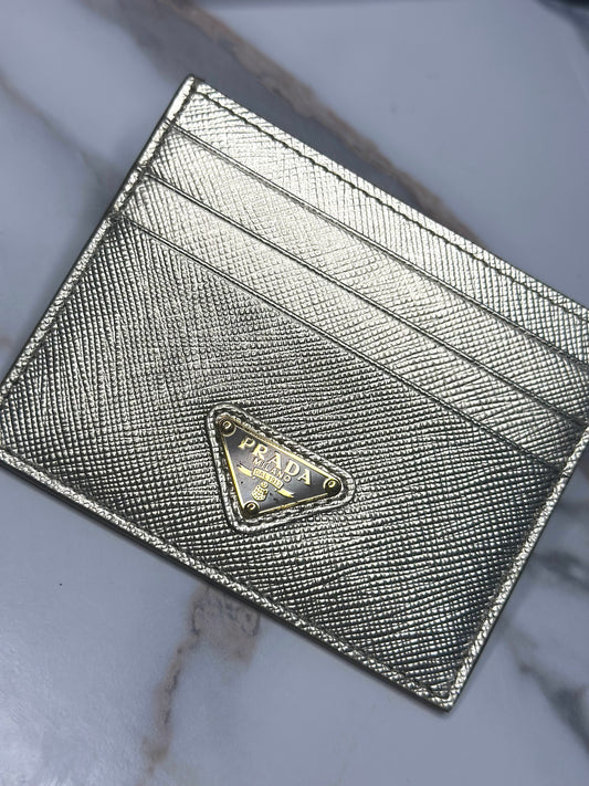 Pre-owned Prada metallic gold Saffiano leather card holder