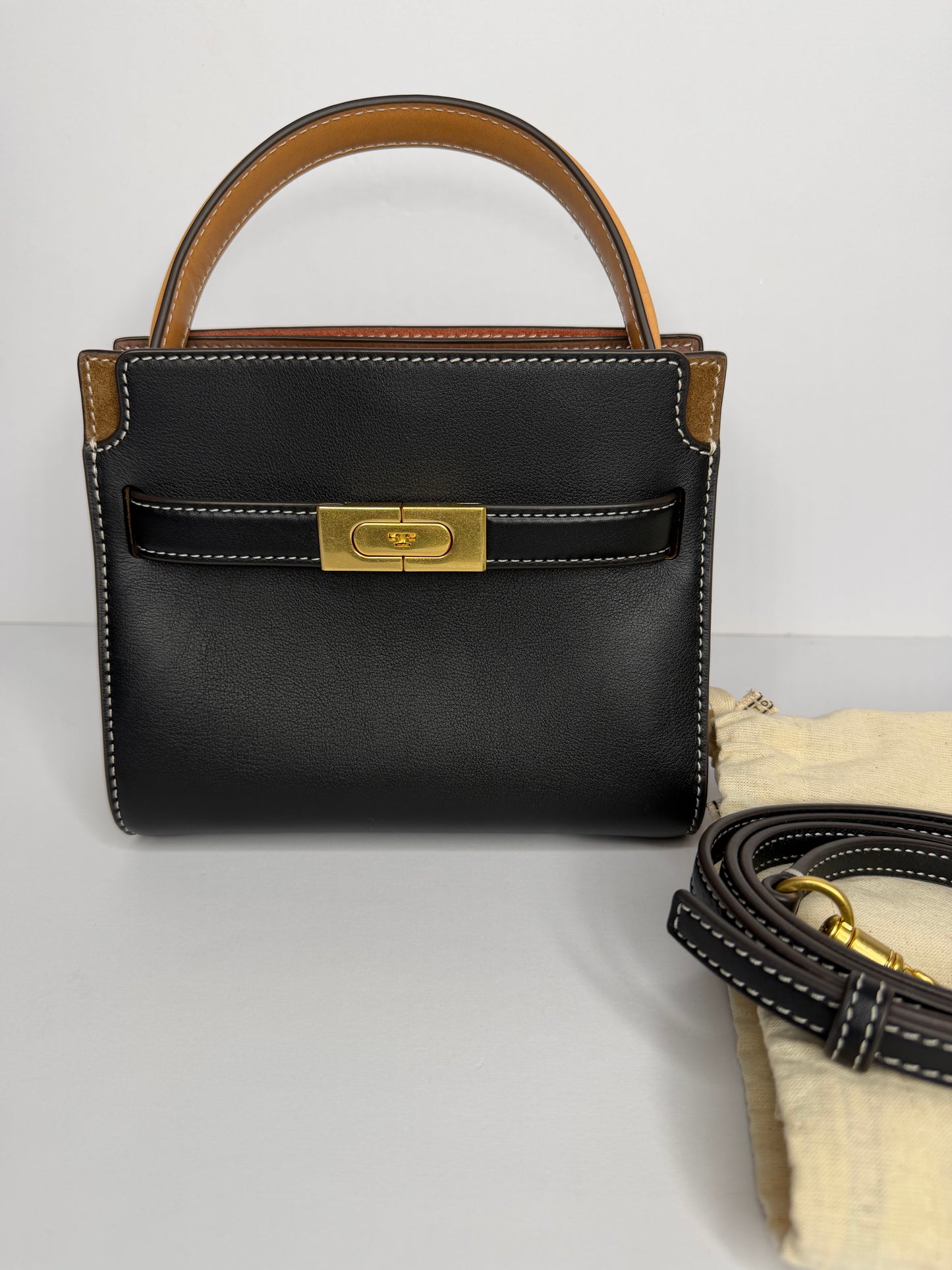 Pre-owned Tory Burch Petite Lee Radziwill Double Bag Black Leather/Brown Suede