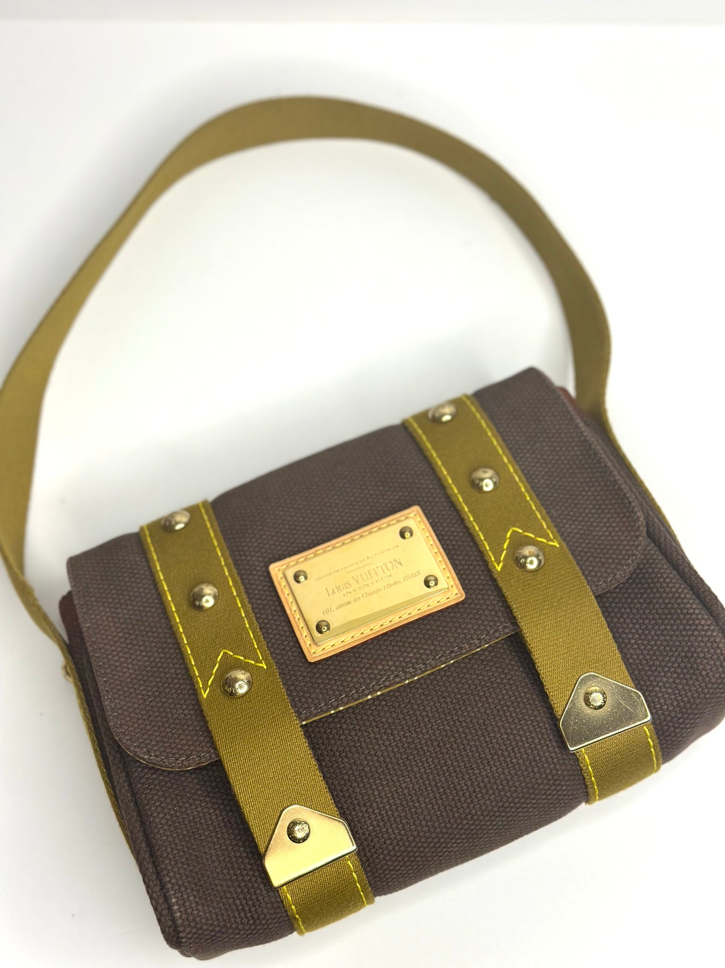 Pre-owned Louis Vuitton Antigua Sac Rabat bag in brown canvas with olive green straps