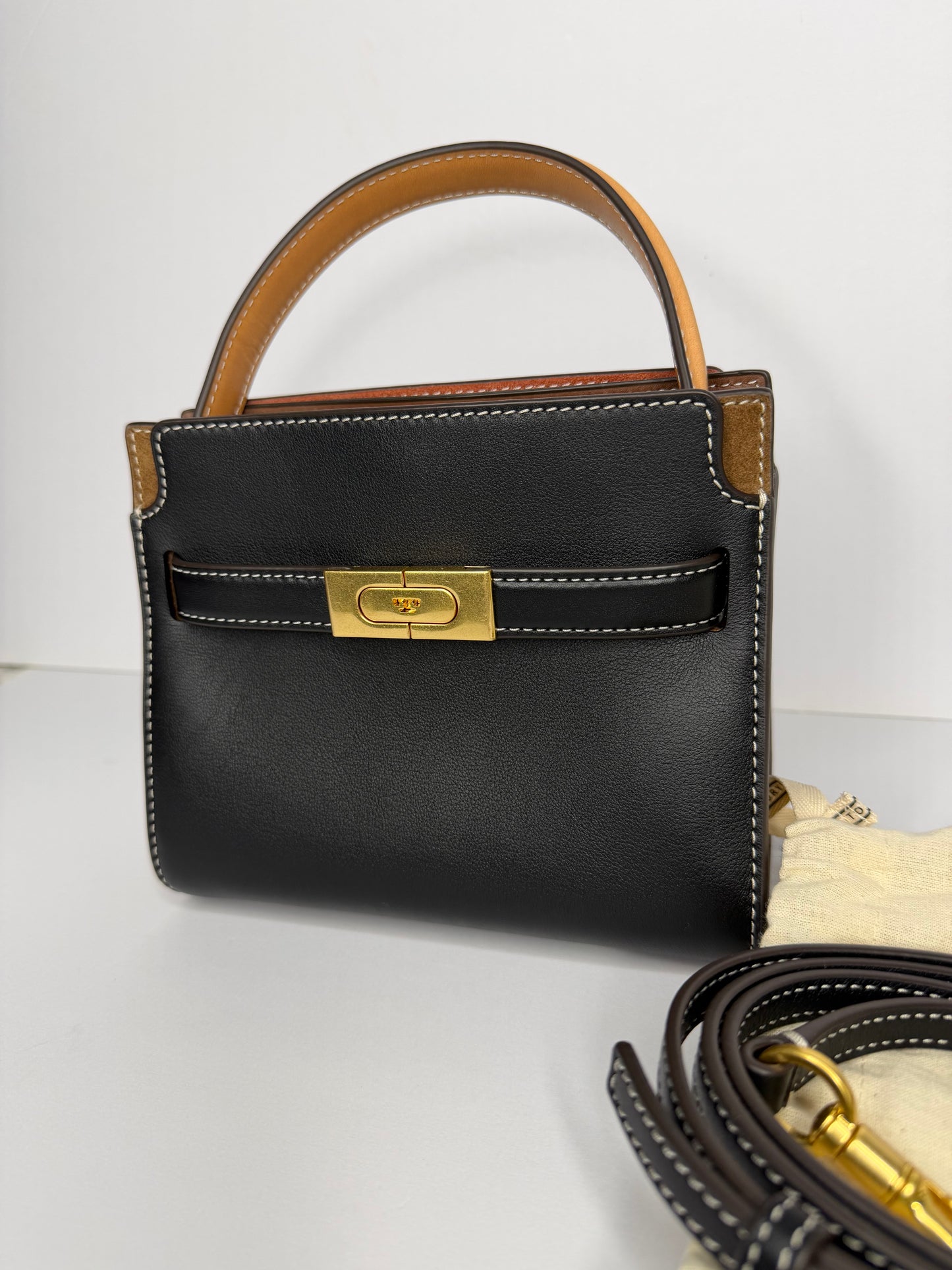 Pre-owned Tory Burch Petite Lee Radziwill Double Bag Black Leather/Brown Suede