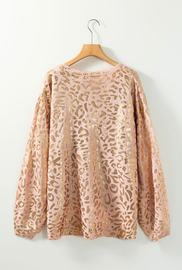 Apricot Glitter Leopard Puff Sleeve Sweater