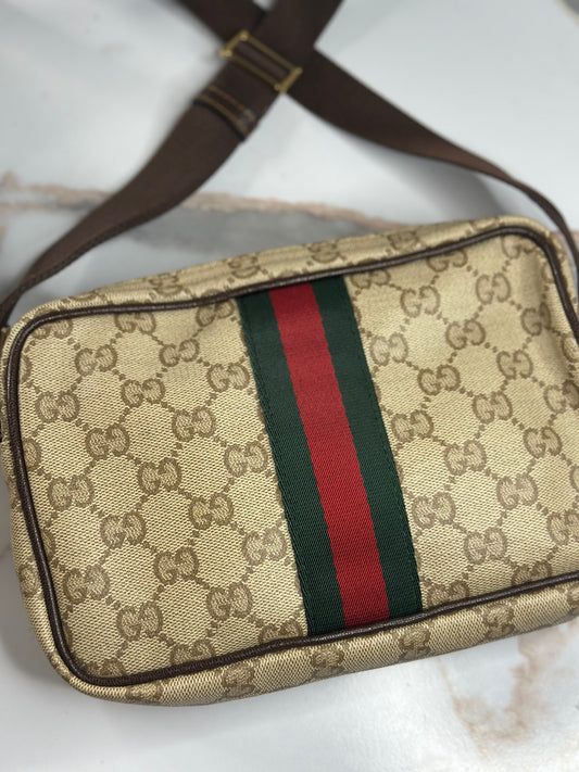 Pre-owned Gucci supreme canvas sand + dark brown mini crossbody