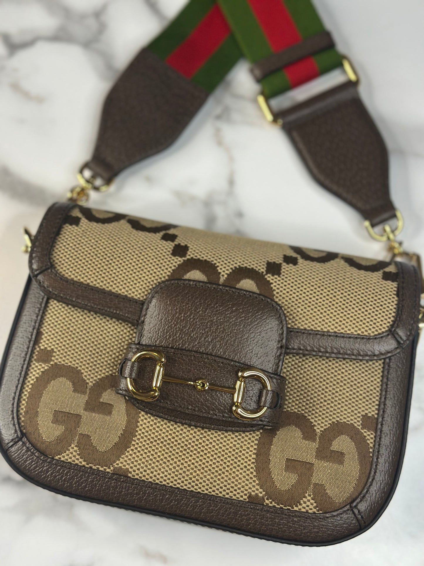 Pre-owned Gucci Horsebit 1955 Mini Shoulder Bag in beige and brown Jumbo GG canvas crossbody