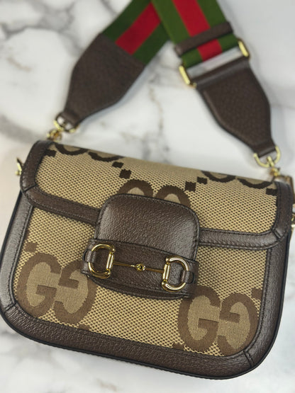 Pre-owned Gucci Horsebit 1955 Mini Shoulder Bag in beige and brown Jumbo GG canvas crossbody