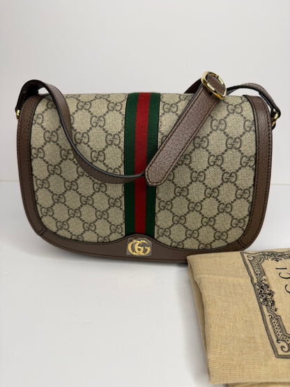 Pre-owned Gucci GG Supreme Monogram Web Small Ophidia Flap Messenger Bag Brown