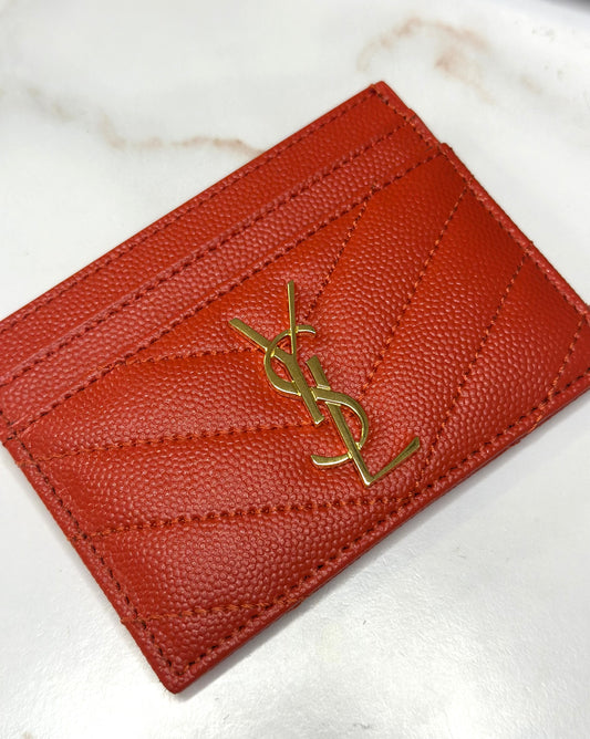 Pre-owned Saint Laurent orange-red grain de poudre card holder