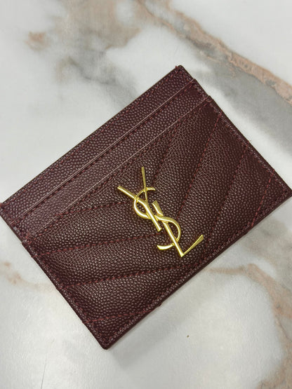 Pre-owned Saint Laurent Bordeaux grain de poudre leather card holder