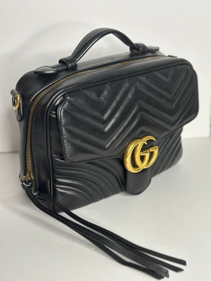 Pre-owned Gucci GG Marmont Black matalasse leather crossbody with sylvie web strap.