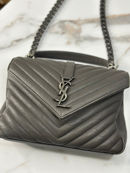 Pre-owned Saint Laurent gray Chevron stitched leather, medium college bag