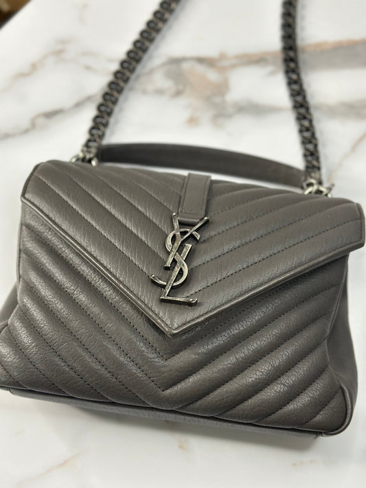 Pre-owned Saint Laurent gray Chevron stitched leather, medium college bag