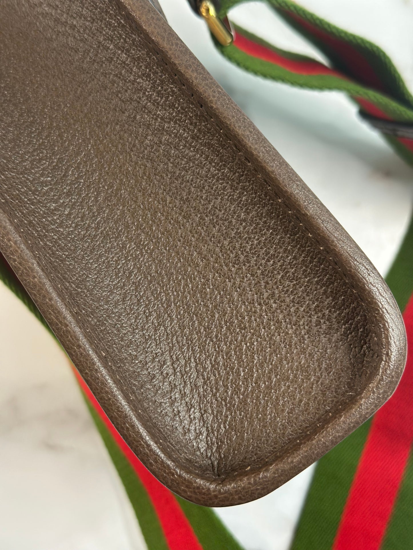 Pre-owned Gucci Monogram Jumbo GG Textured Dollar Calfskin Web Mini Vertical Tote Camel Ebony crossbody