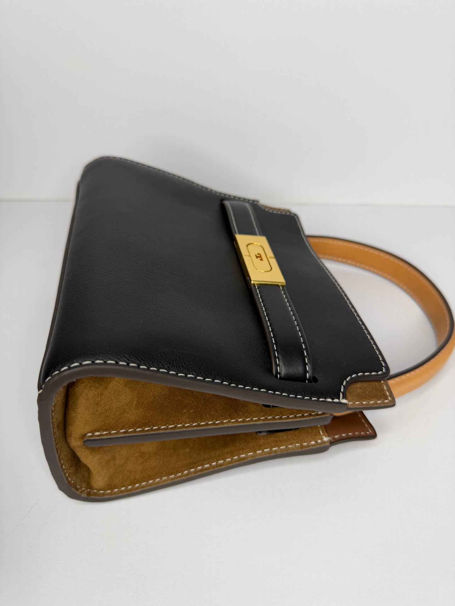 Pre-owned Tory Burch Petite Lee Radziwill Double Bag Black Leather/Brown Suede