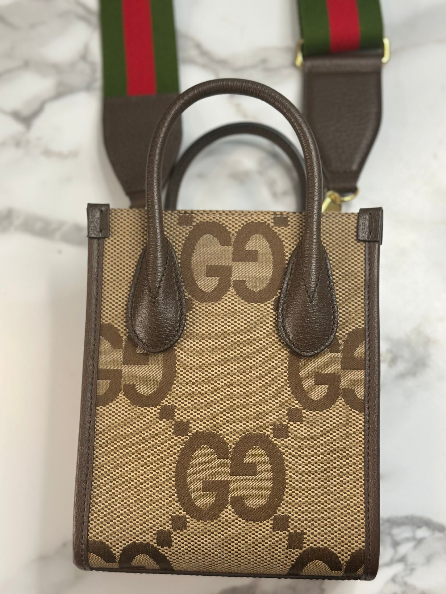 Pre-owned Gucci Monogram Jumbo GG Textured Dollar Calfskin Web Mini Vertical Tote Camel Ebony crossbody