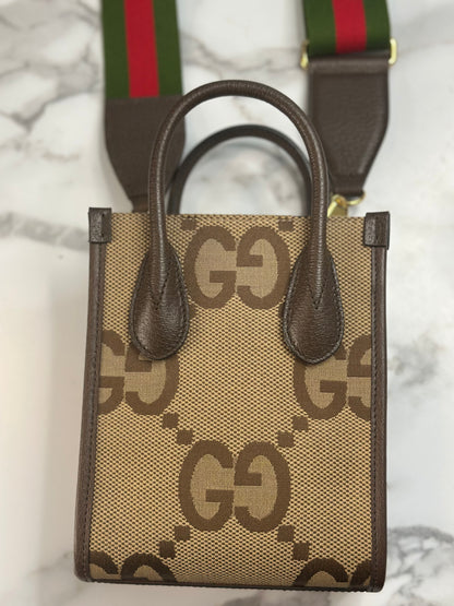 Pre-owned Gucci Monogram Jumbo GG Textured Dollar Calfskin Web Mini Vertical Tote Camel Ebony crossbody