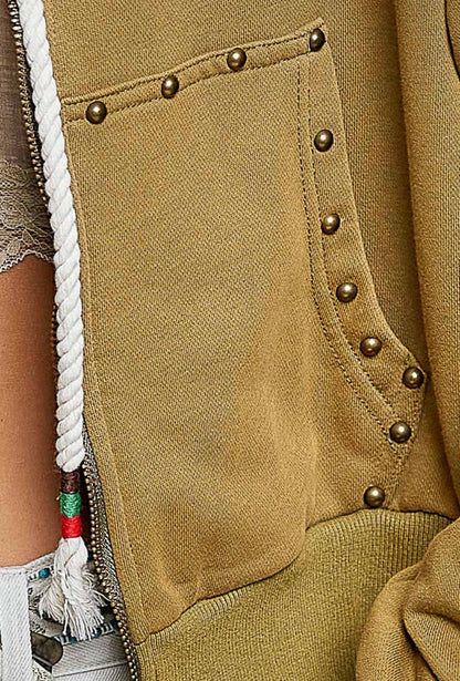 French Terry Striped Elastic Trim Stud Knit Hoodie Top