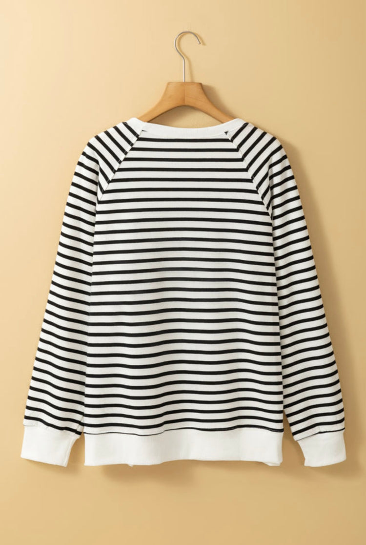 Black Stripe Side Slit Loose Fit Sweatshirt