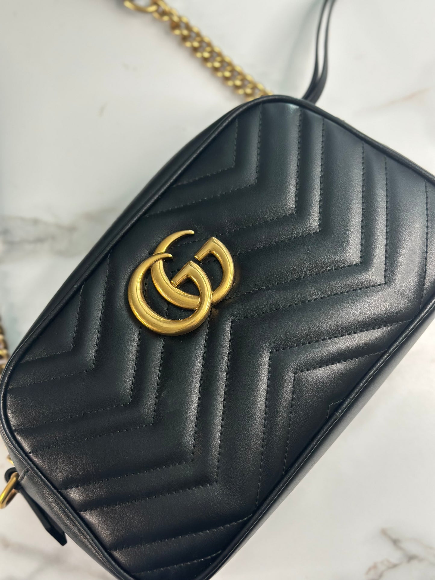Pre-owned Gucci GG Marmont small camera bag in black chevron quilted leather crossbody