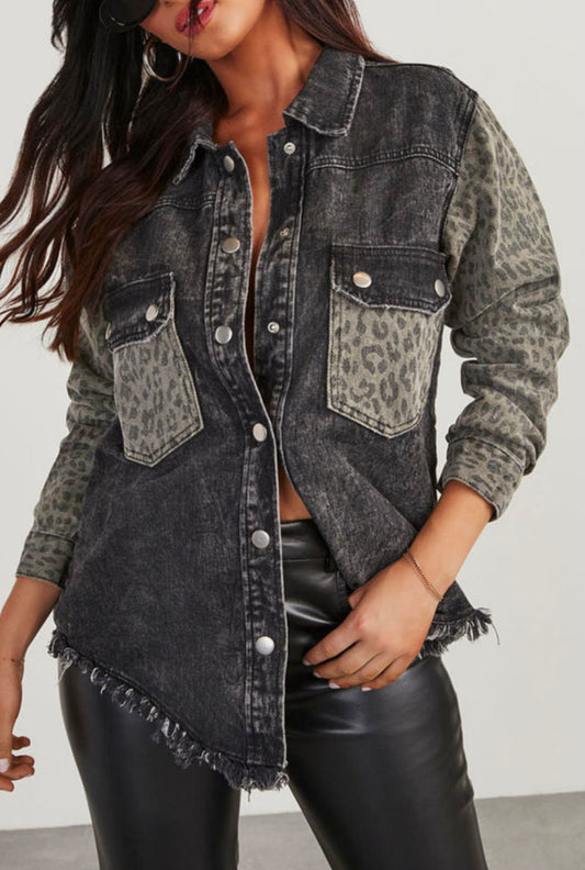 Black Leopard Vintage Raw Hem Jacket