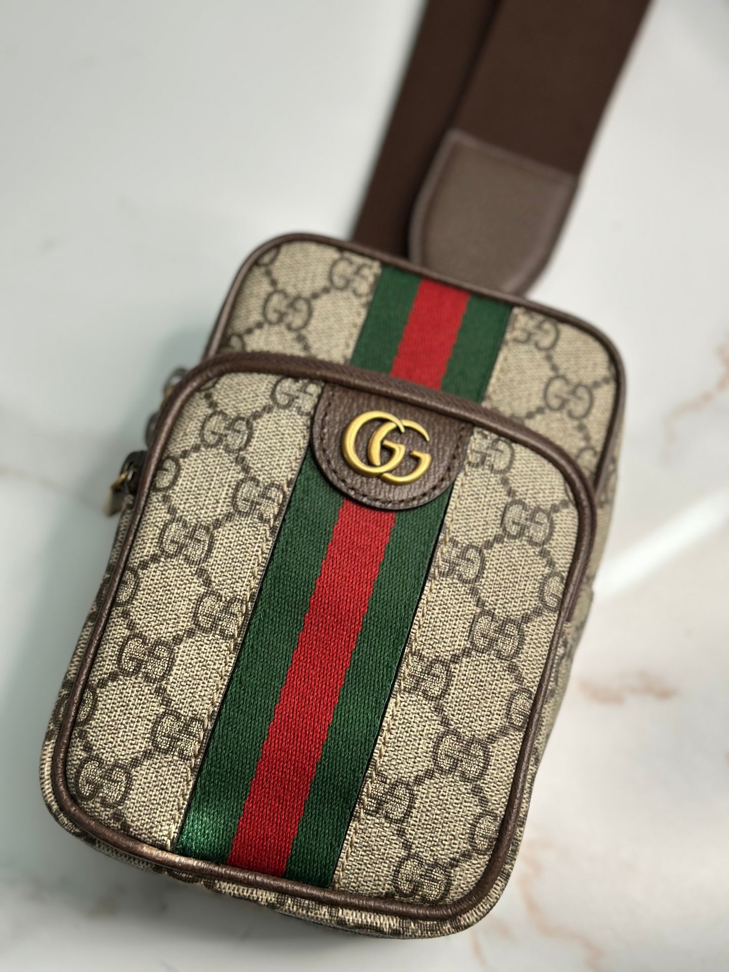 Pre-owned Gucci GG Supreme Monogram Web Mini Ophidia Messenger Brown