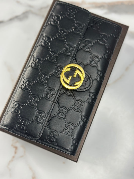 Pre-owned Gucci black embossed leather Guccisima long wallet