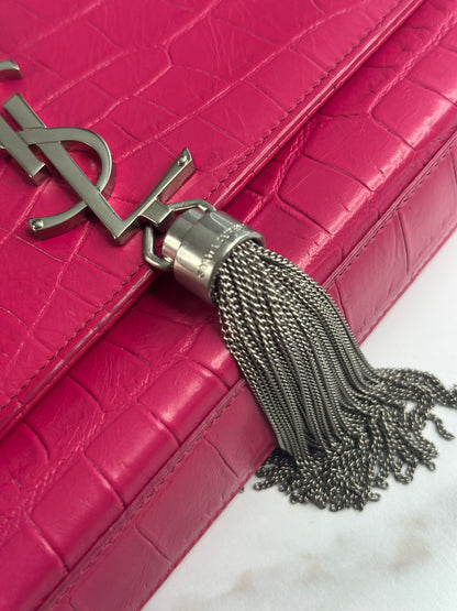 Pre-owned Saint Laurent Kate tassel crossbody bag in fuchsia croc-embossed leather