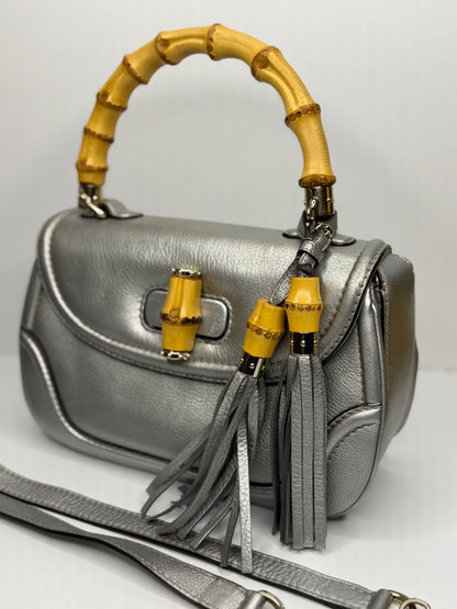 Pre-owned Gucci Metallic Calfskin Medium New Bamboo Top Handle Bag Silver
