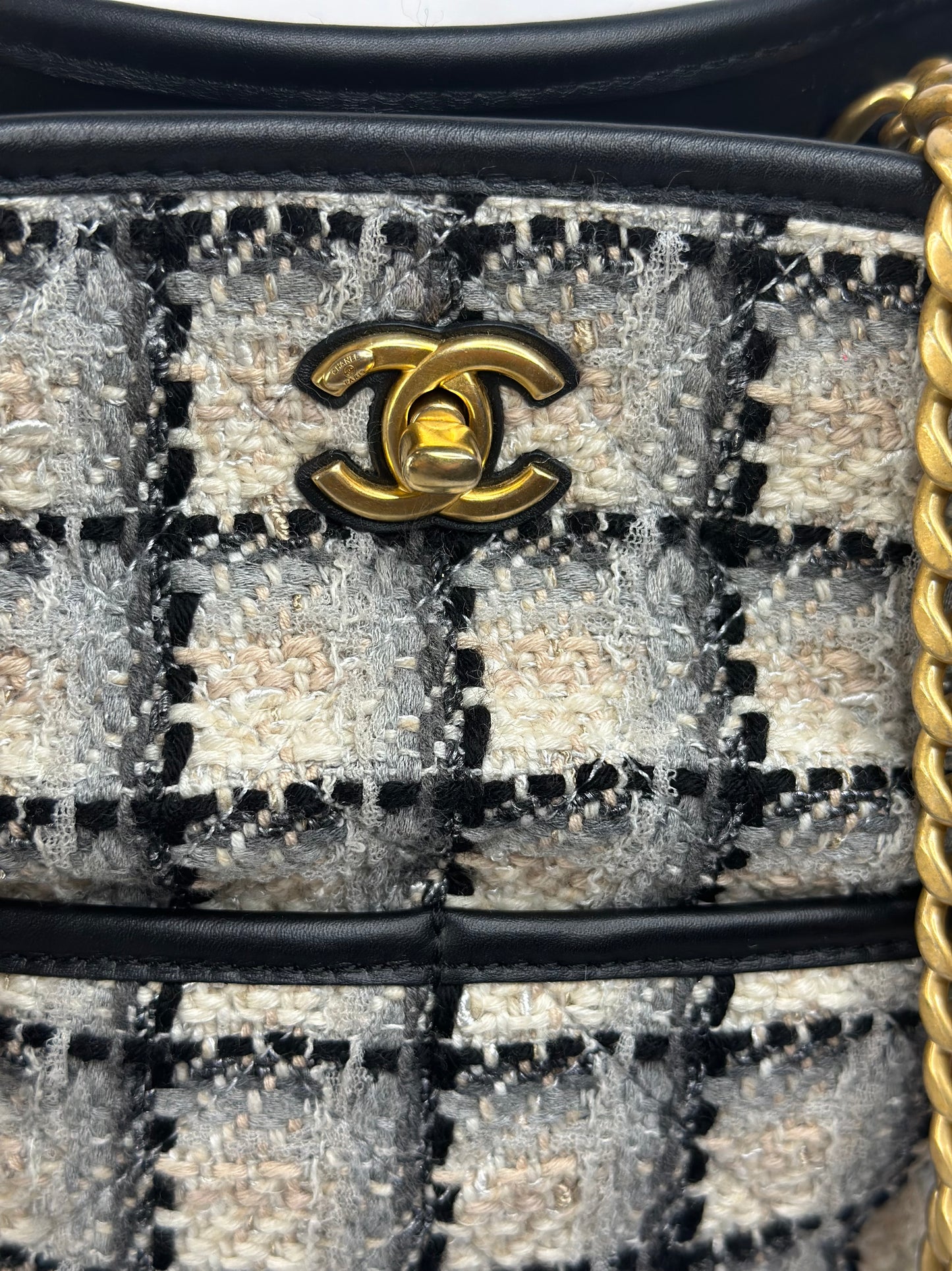 Pre-owned Chanel Coco Mark Chain Shoulder Bag Tote Tweed Leather Black Gray Multicolor Gold Hardware