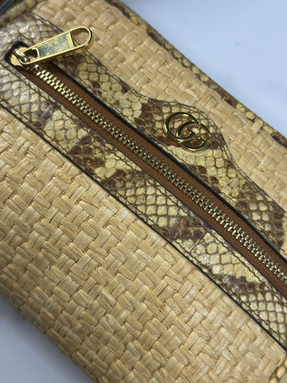 Pre-owned Gucci Raffia Elaphe Mini Ophidia Shoulder Bag Natural Cream Brown