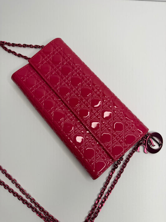 Pre-owned Dior hot pink patent leather cannage lady Dior wallet on chain