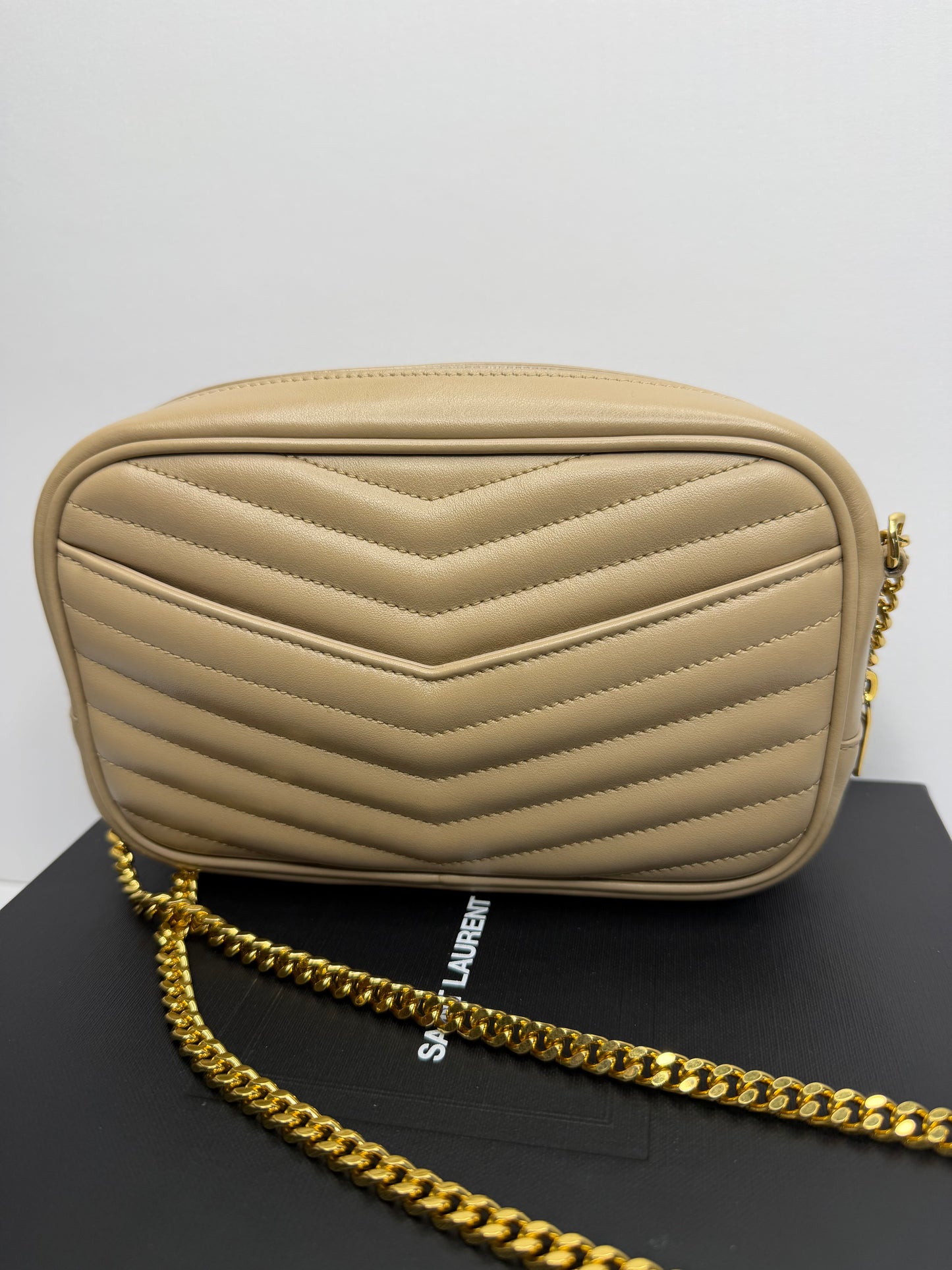 Pre-owned Saint Laurent Lou Mini YSL Camera Bag in Smooth Quilted beige Leather