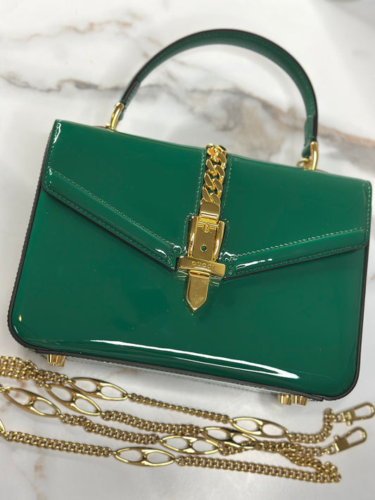 Pre-owned Gucci Green patent leather Sylvie 1969 with gold hardware shoulder bag