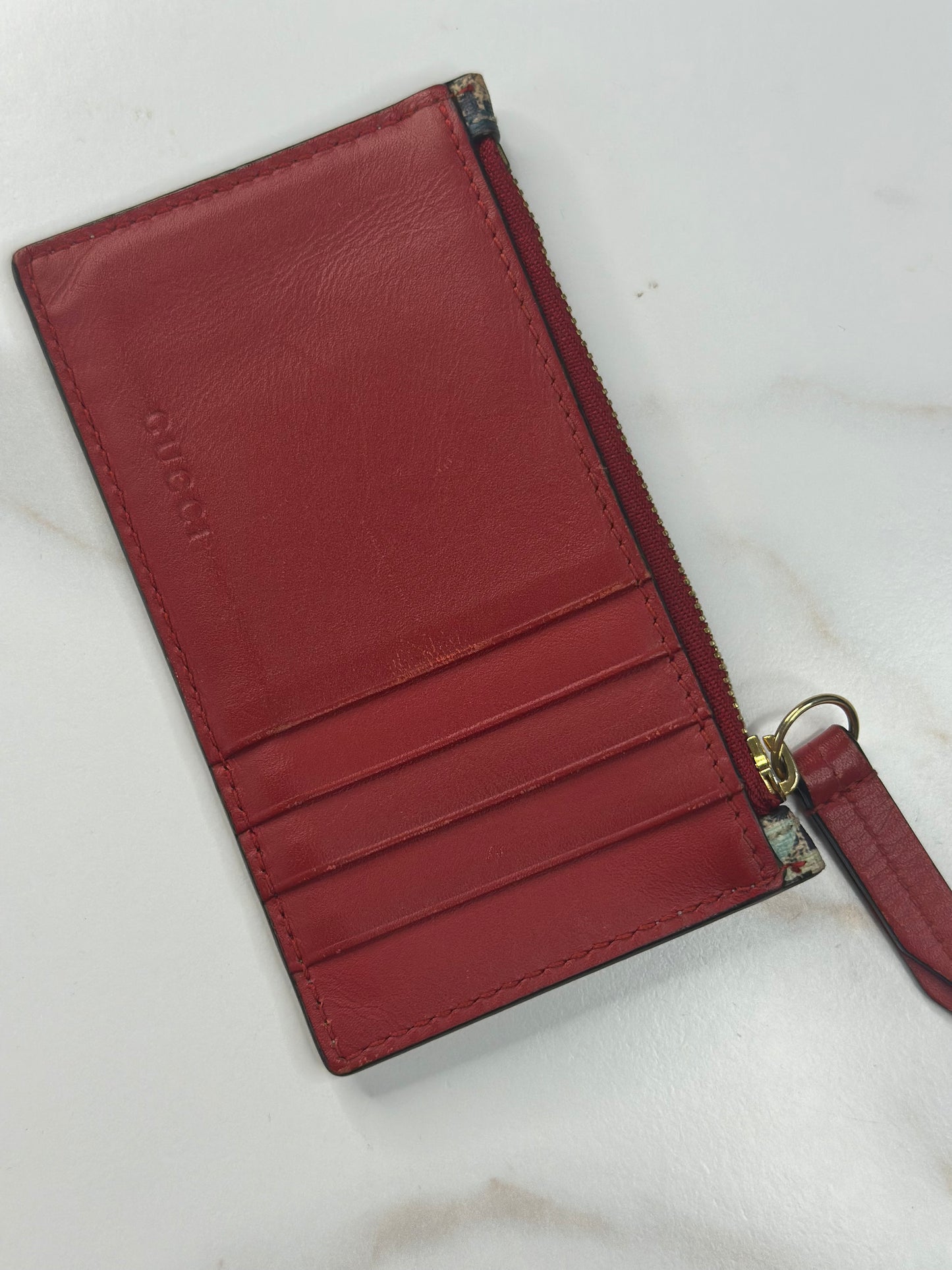 Pre-owned Gucci GG Blooms card wallet featuring blue floral coated canvas and red leather